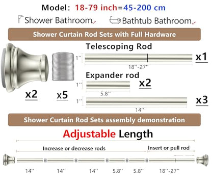 Brushed Nickel Tension Shower Curtain Rod – Adjustable 18-79 Inches, Fits 20-78 Inch Spaces (Ideal for 72" Wide Bathrooms), Rust Resistance Adjustable Durable Spring No Drilling - color: Brushed Nickel, size: 18-79 inch