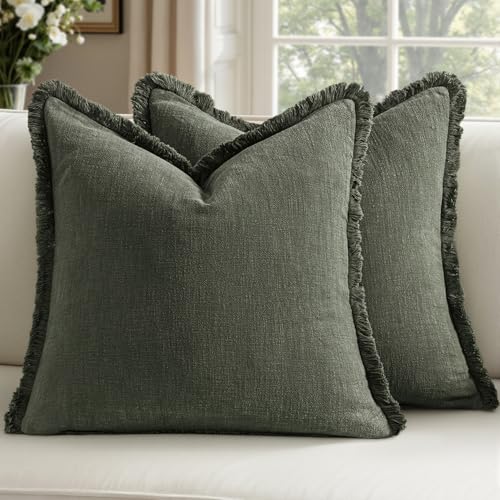 Linen Fringe Pillow Covers 20x20 Inch Set of 2,Dark Olive Green - color: Dark Olive Green, size: 20" x 20" (Pack of 2)