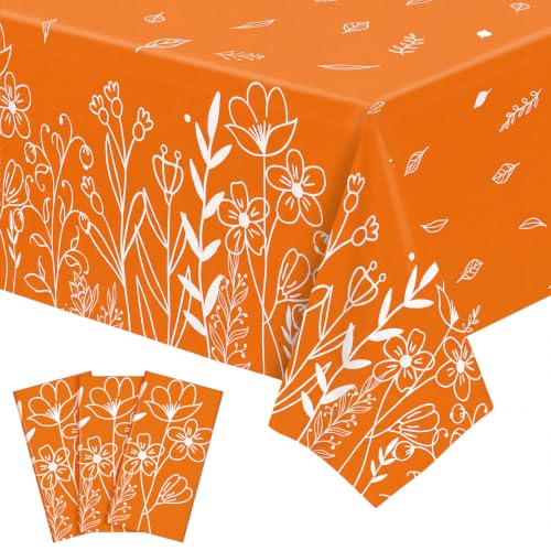3 Pcs Fall Plastic Tablecloths, 54 X 108 Inch Orange Line Floral Tablecloth - color: Fall Floral