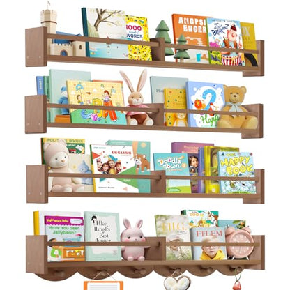 34Inch Nursery Book Shelves Wall Mounted, Floating Book Shelf for Kids Coat Rack with 6 Hooks, Wall Hanging Shelf for Baby Nursery Room Organizer ，Patent Number:US-D1058229-S(4, Light Brown) - color: Light Brown