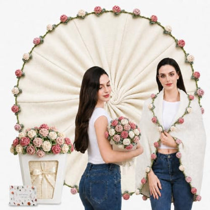 Rose Crochet Flower Bouquet Blanket, Handmade Knitted Throw Blanket - color: Tricolor Rose, size: Medium