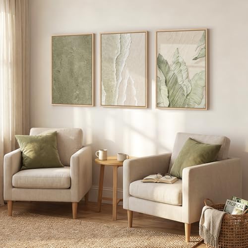Framed Abstract Sage Green 3 Piece Wall Art for Living Room, 16x24 In - color: Sage Green & Beige, size: 16" W x 24" H x 3Pcs