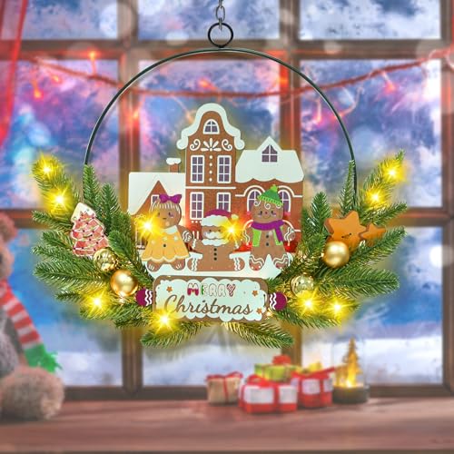 Pre-Lit Christmas Wreath for Front Door, Lighted Witch with 6H On/18H Off - color: Gingerbread-warm White