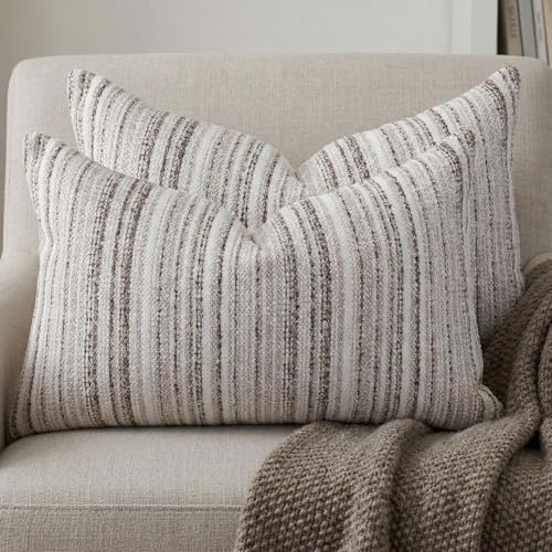 Set of 2 Striped Chenille Throw Pillow Covers 12x20 Inches Premium Plush Textured Decorative Cushion Covers Reinforced Hidden Zipper Mid-Century Modern Farmhouse Decor for Couch Sofa Beige - color: Beige, size: 20" x 12" (Pack of 2)