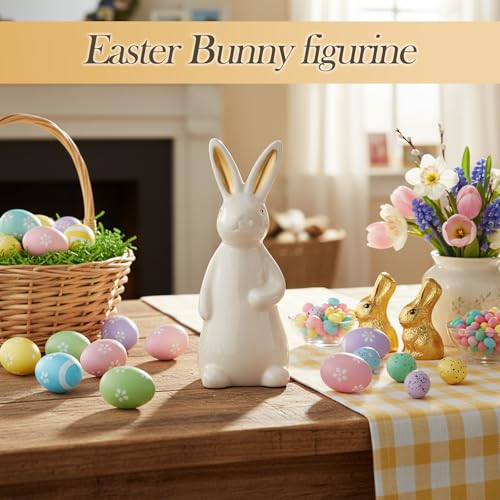 White Ceramic Bunny Figurine, 7.2 Inches Easter Bunny Statue, 1 Pcs Spring Easter Decor for Table Centerpiece, Mantel, Shelf, Windowsill Home Decor (Gold Ears)