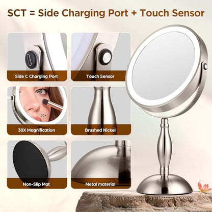 Makeup Mirror with Light - Brushed Nickel, 30x Makeup Mirror with 3 Colors - color: Brushed Nickel