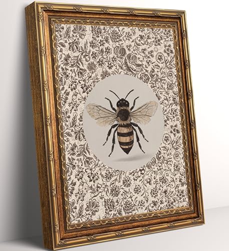 Vintage Gold Framed Bee Canvas Wall Art - Neutral Bumblebee Print with Floral Damask Background, Botanical Honeybee Painting Artwork for Farmhouse Wal lDecor, Ready to Hang 9x11 in - color: bee, size: 9"L x 11"W