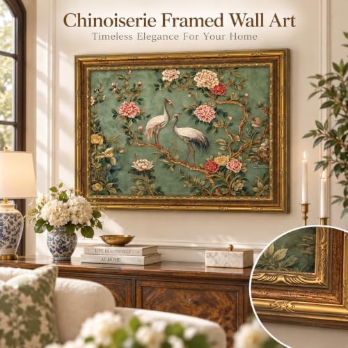 Vintage Gold Framed Canvas Wall Art 12×16 Inch Crane Floral Picture Poster Chinoiserie Wall Decor for Living Room Dining Room Farmhouse Home Decoration - color: Crane A, size: 16"L x 12"W