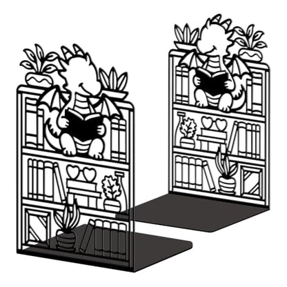 Peacoblue 5.3"x4.3"x7.9" Metal Bookends, Heavy Duty Book Ends for Shelves - style: Dragon with Bookshelf