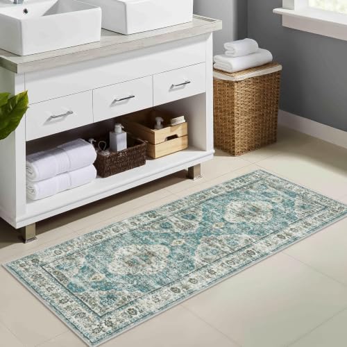 Uphome Bathroom Runner Rug, Distressed Tribal Farmhouse Blue Bathroom Mat, Long Bathroom Rugs Non Slip Washable, Oriental Retro Boho Bath Mat Runner for Bathtub Sink Hallway, 24x59 inch - color: Blue, size: 24 x 60 inch (Rectangular)