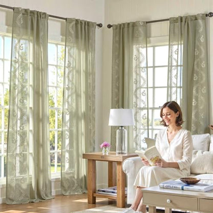 jinchan Floral Sheer Curtains, Back Tab 50x96 Inch, 2 Panels Green - color: S | Green, size: 50"W x 96"L (Pack of 2)