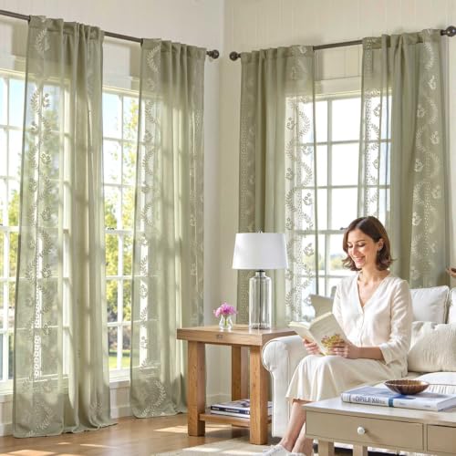 jinchan Floral Sheer Curtains, Back Tab 50x84 Inch, 2 Panels Green - color: S | Green, size: 50"W x 84"L (Pack of 2)