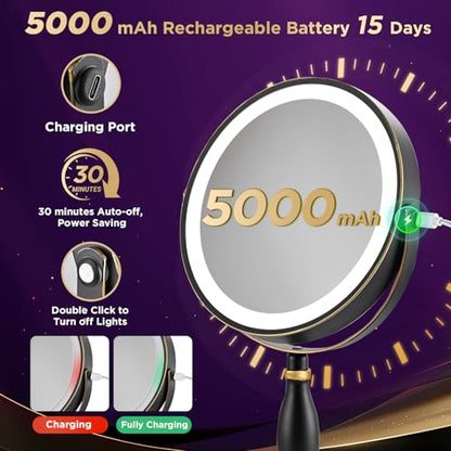 30x Magnifying Mirror with Light, Matte Black with Gold Trim - color: Matte Black With Gold Trim