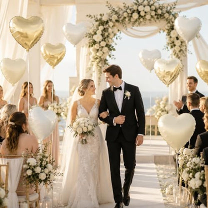 Cream White Gold Heart Foil Balloons,12Pcs 18Inch Heart Shaped Balloons - color: Cream White Gold