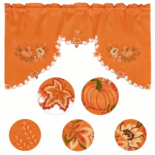 Simhomsen Embroidered Rod Pocket Fall Autumn Harvest Pumpkins Kitchen Window Curtain Swag and Tiers Set for Thanksgiving (Orange Pumpkins) - color: Orange Pumpkins