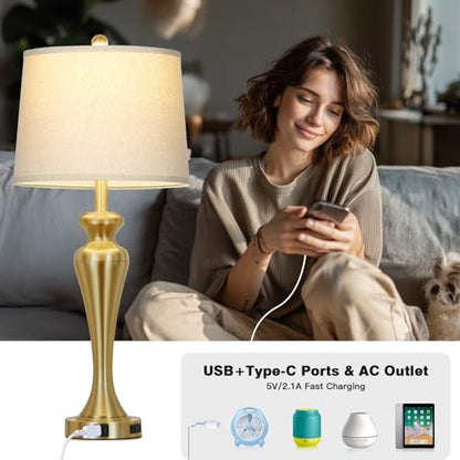 30" Gold Tall Table Lamps for Living Room, Touch Control Bedroom Lamp with USB A+C Ports and AC Outlet, 3-Way Dimmable Bedside Table Lamps Set of 2, Modern Metal Lamp for Nightstand - color: Gold