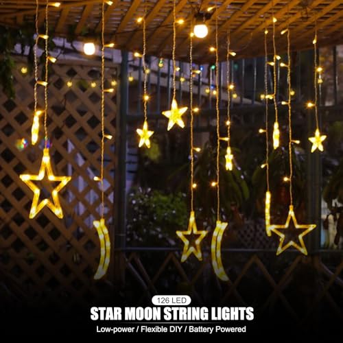 Star Moon Curtain String Lights,126 LED Ramadan Decorations Ramadan Curtain String Lights, 2 Lighting Modes, Waterproof Fairy Lights, Starry Lights for Christmas, Wedding, Party, Home, Patio Lawn