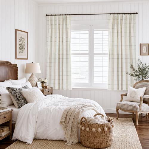 DriftAway 100% Blackout Windowpane Plaid Linen Curtains 36 Inches Taupe - color: Taupe, size: 52"W x 36"L (Pack of 2)