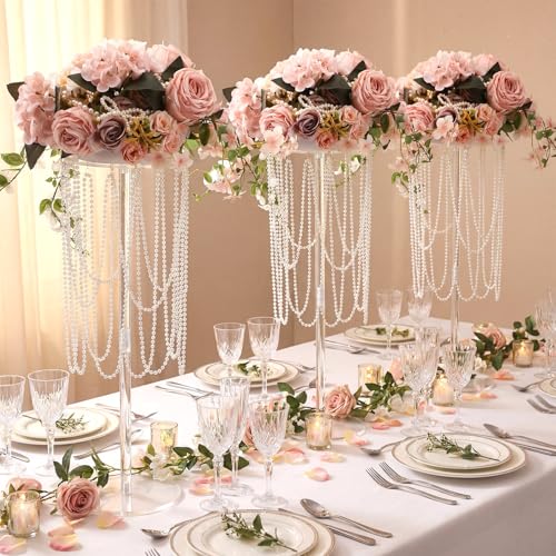 Amyhill 10 Pcs Tall Vases Wedding Centerpiece for Tables 23.6'' Acrylic Wedding Flower Stand Flower Vase Floral Stand with Pearl Chain for Reception Dinner Tables Party Ceremony Birthday Event Decor