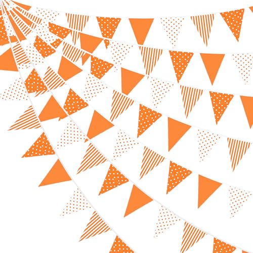 32Ft Orange Party Decorations Orange Stripe Dot Triangle Flag Fabric Banner Pennant Garland Bunting Streamer for Fall Autumn Wedding Little Cutie Birthday Thanksgiving Day Party Decor Supplies - color: Orange Stripe