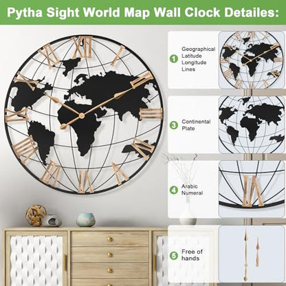 Pytha Sight 36 Inch Large Extra Metal Oversized Roman World Map Wall Clock - color: Gold Roman, size: 36 inch