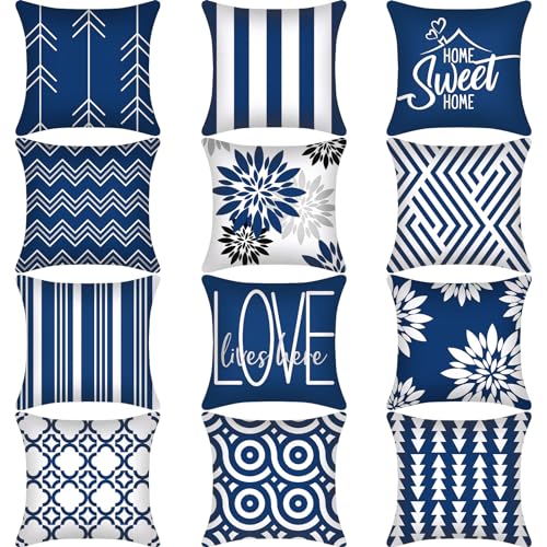 Flutesan 12 Pcs Pillow Covers 18x18 Geometric Linen for Couch, Blue - color: Blue