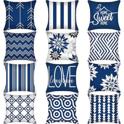 Flutesan 12 Pcs Pillow Covers 18x18 Geometric Linen for Couch, Blue - color: Blue