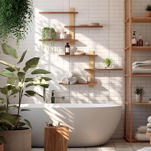 Pinkunn 2 Pack Floating Wall Shelf Mid Century Decor, Natural Wood, 3 Tier - color: Natural Wood