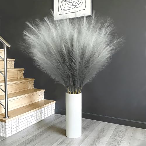 8 Pcs 35.4" Grey Gradient Faux Pampas Grass, Tall Pampas Grass Vase Filler - color: Grey, size: 35.4inch-8Pcs