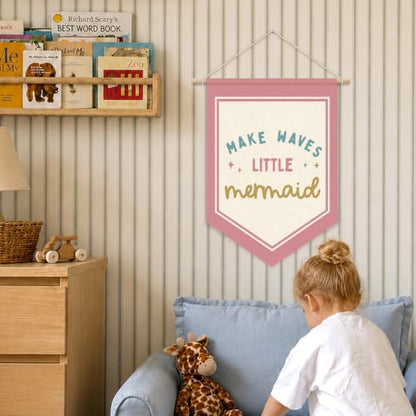 Pink Mermaid Ocean Nursery Wall Art Decor Wall Hanging Flag - color: 04-Make Waves Little Mermaid(Beige)