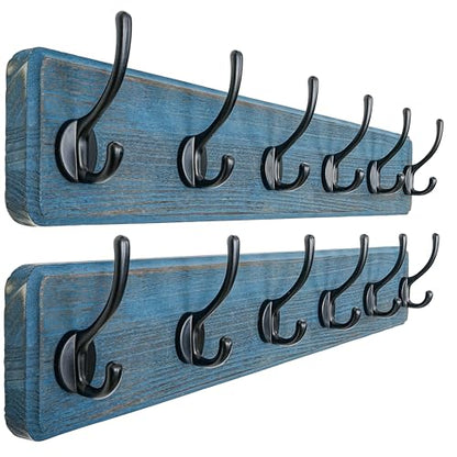 Dseap Coat Rack Wall: 24" Long, Patented, Heavy-Duty, 6-Double-Hooks Wooden Wall Mounted Coat Rack Coat Hanger Hook Rail for Winter Coats Hat Jacket Clothing, Weathered Blue, Pack of 2 - color: Weathered Blue & Black, size: L=24"(2pcs)