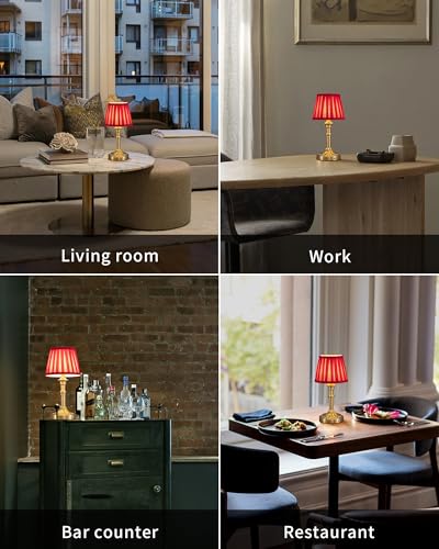 KDG Gold Cordless Table Lamps Set of 2, Red Fabric Shade Small Desk Lamp - color: Gold + Red Lampshde (2 Pack)