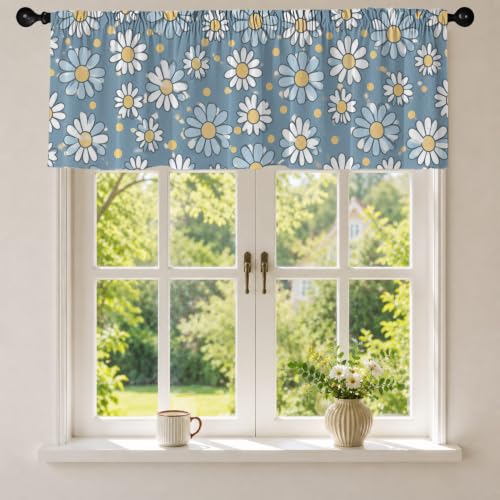 Daisy Floral Blackout Window Valance Curtain, Blue Yellow Boho Design - color: Flower 7, size: 52"W x 18"L (Pack of 1)