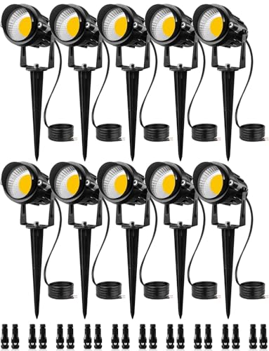 SUNVIE 12W Low Voltage LED Landscape Lights with Connectors, Outdoor 12V Super Warm White (900LM) Waterproof Garden Pathway Lights Wall Tree Flag Spotlights with Spike Stand (10 Pack with Connector) - color: Warm White