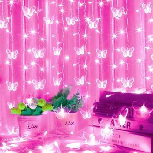 120 LED Butterfly Curtain Fairy Lights USB Plug in,8 Modes 20FT Firefly Twinkle Timer String Lights with Remote, Waterproof Copper Wire for Bedroom Valentine's Day Wedding Party(Pink) - color: Pink