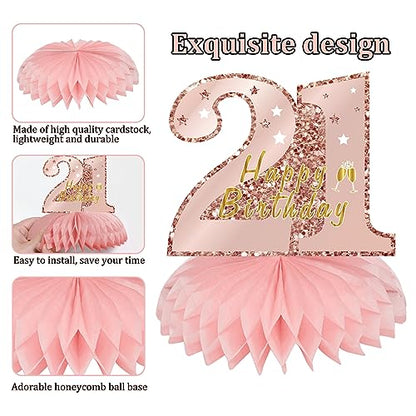 Turypaty Happy 21st Birthday Honeycomb Table Centerpieces Decorations Women - style: Pink Rose Gold 21st
