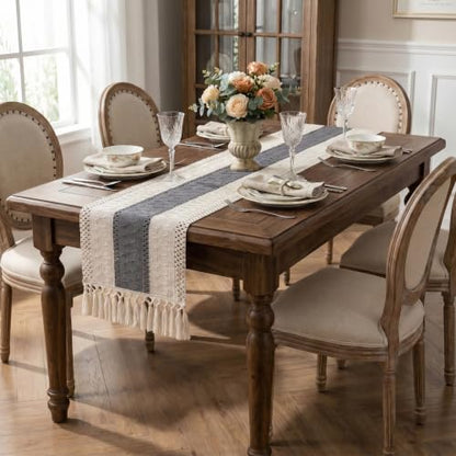 Boho Macrame Table Runner with Tassels 72in Grey Farmhouse Runner - color: White & Grey, size: 12'' x 72''
