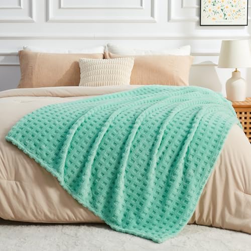 NEWCOSPLAY 3D Waffle Checkered Flannel King Blanket, Aqua, 90"x110" - color: Aqua, size: King(90"x110")