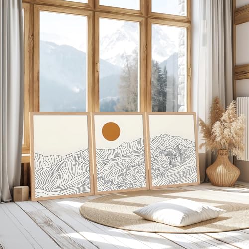 Abstract Wave Line Mountain Framed Canvas Wall Art,Boho Sun Wall Decor - color: Line Mountain, size: 12x16 Inches