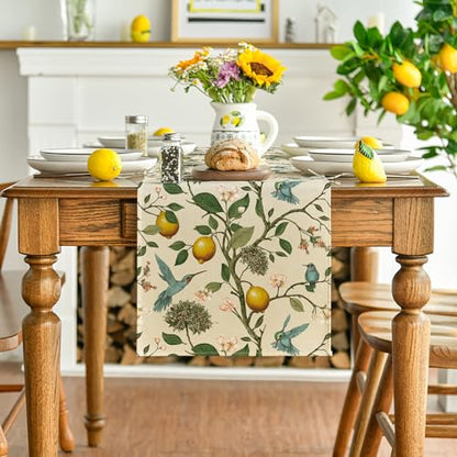 Artoid Mode Brown Lemon Tree Bird Flower Summer Table Runner,Spring Kitchen Dining Table Decoration for Home Party Decor 13x60 Inch - size: 13" x 60", Table Runner