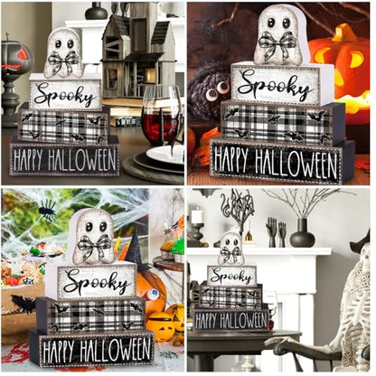 4Pcs Halloween Table Decoration Happy Halloween Ghost Wooden Block Sign - style: Ghost