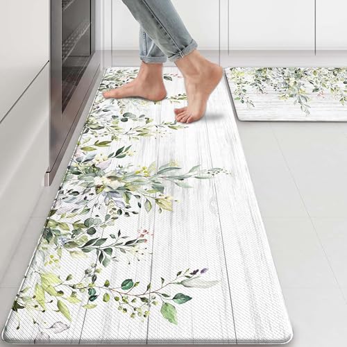 Kitchen Rug Mats for Floor Cushioned Anti Fatigue Green Eucalyptus Kitchen Rugs Sets of 2 Farmhouse Non Slip Waterproof Comfort Memory Foam Standing Floor Mat for Office Laundry Sink Desk - color: Soft Green, size: 46"Lx17"W+29"Lx17"W-0.3"H