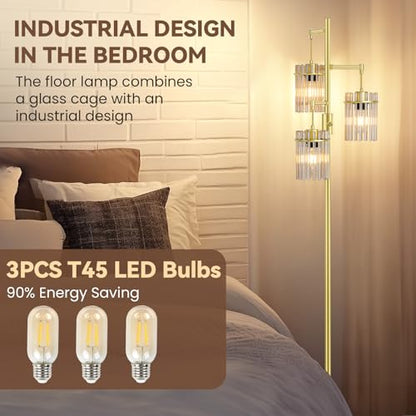 Crystal Gold Glass Tree Floor Lamp for Living Room for Farmhouse Industrial - size: 66 inch Tall Gold