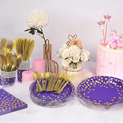 AIRE Purple Gold Paper Plates Set, 175PCS Disposable Dinnerware for 25 - color: 175pcs Purple and Gold