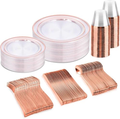 bUCLA 150PCS Clear Rose Gold Disposable Dinnerware set - Rose Gold Plastic Plates Include 25 Dinner / 25 Dessert Plates, 25 Knives, 25 Forks, 25 Spoons, 25 Cups for Party & Wedding - color: Clear Rose Gold