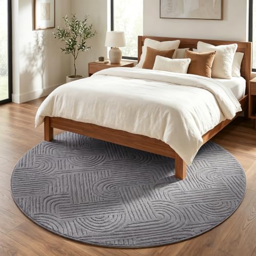 Etwel 5.2 ft Dark Gray Geometric Textured High-Low Pile Washable Round Rug - color: Dark Gray, size: 5'2"
