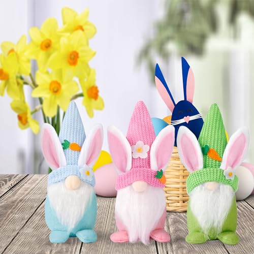 Sggvecsy Easter Gnomes Decorations 3Pcs Bunny Spring Tomte Nisse Swedish Rabbit Plush Scandinavian Faceless Dwarf Handmade Elf for Table Ornament Home Decor