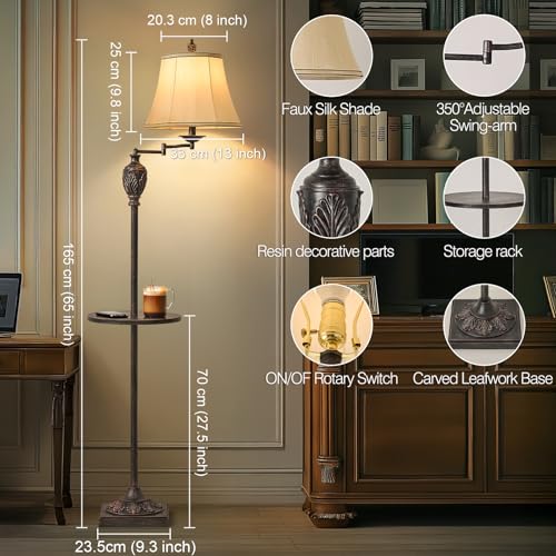 Traditional Floor Lamp withTray,Remote Dimmable,350°Swing Arm,Antique Black - color: Antique black-13