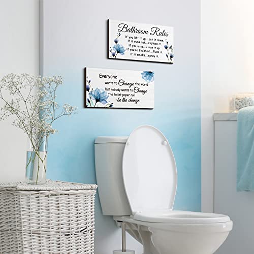 Jetec 2 Pcs Funny Bathroom Signs Wall Decor Farmhouse,Blue Floral - style: Blue Floral