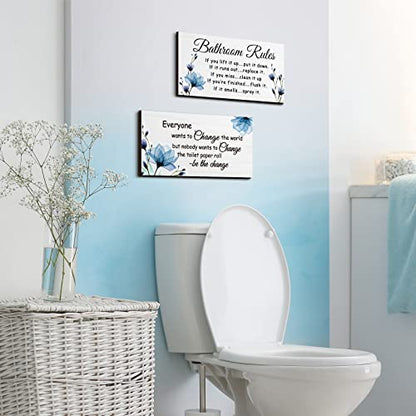Jetec 2 Pcs Funny Bathroom Signs Wall Decor Farmhouse,Blue Floral - style: Blue Floral